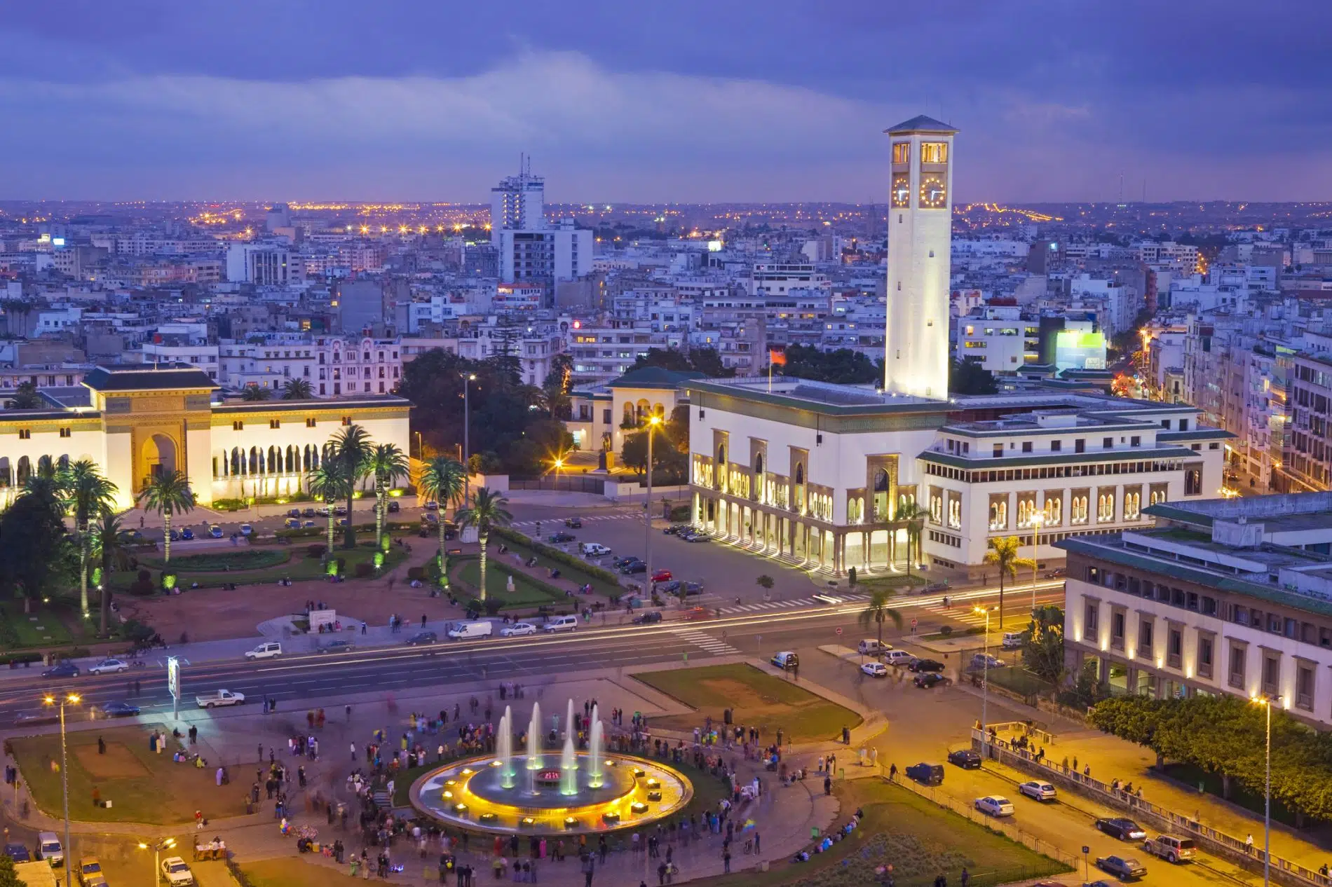 Place Mohammed V and city skyline, dusk