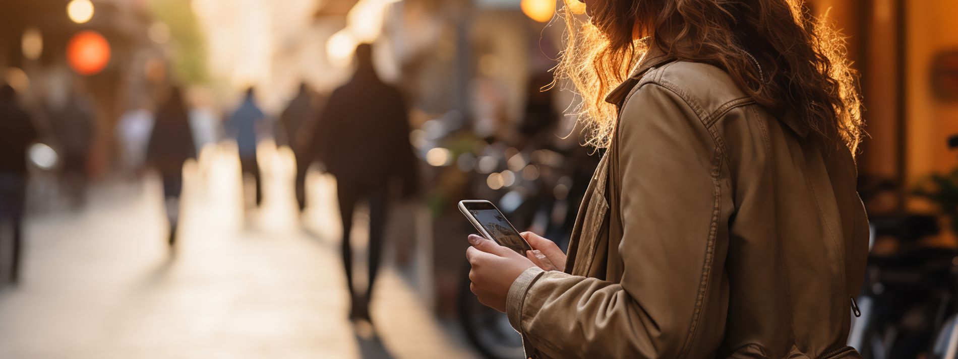 An Asian woman looking up travel details on her phone.